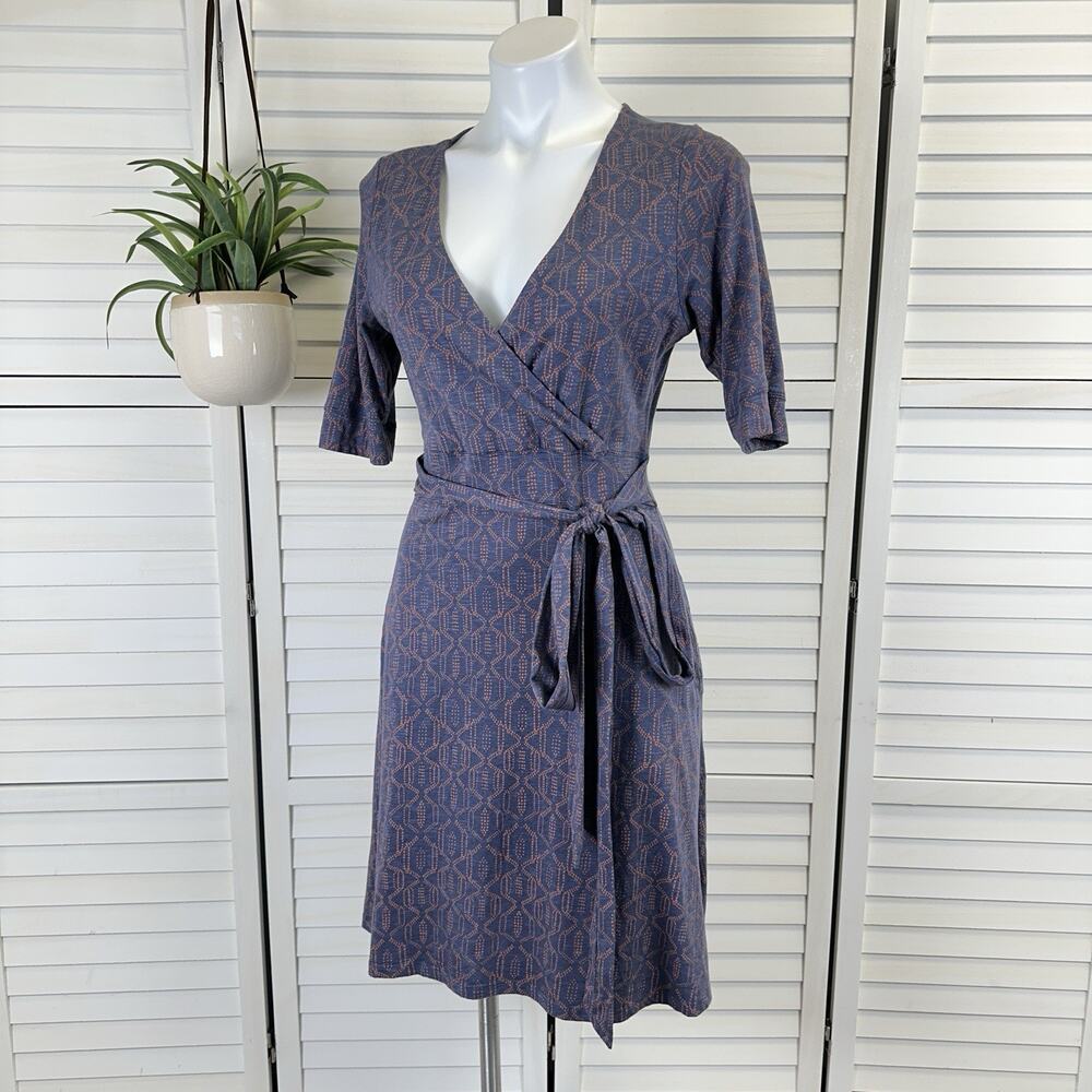 Toad & Co Cue Wrap Cafe‎ Dress Organic Eco A Line Blue Coral Womens Size S